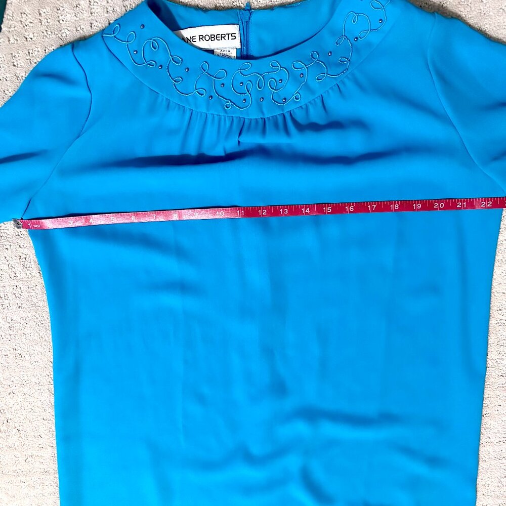 Vtg Diane Roberts Blue Semi Sheer Dress w Emb. & Beaded Collar 44 Bust Sz. 12/14 - Picture 7 of 11